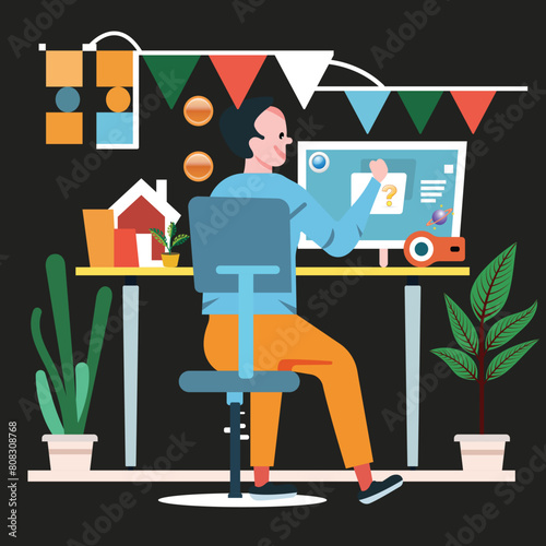cartoon freelance man working sat at his computer desk and worked hard vector design.eps