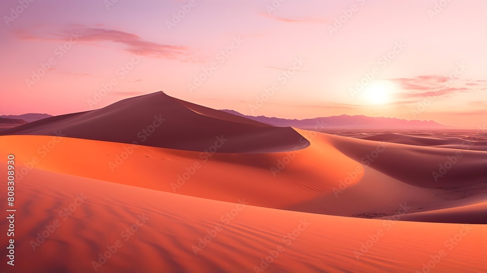 Desert panorama with sand dunes at sunrise. 3d rendering