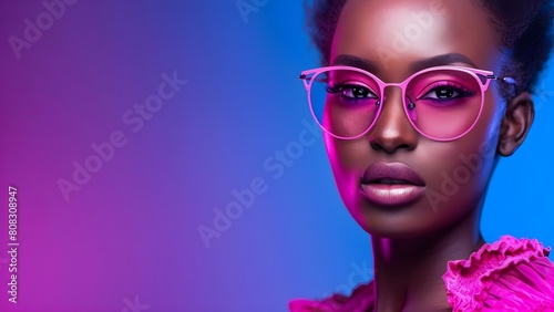 Stylish young African woman in pink glasses and clothes isolated in studio. Concept Fashion Photography  African Style  Studio Portraits  Colorful Outfit  Stylish Accessories
