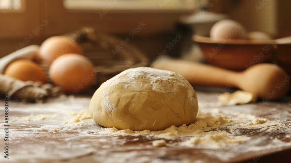 Raw dough resting after kneading, with rolling pin and eggs on wooden table, close-up. National Donut Day Raw dough resting after kneading, with rolling pin and eggs on wooden table, close-up. National Donut Day
