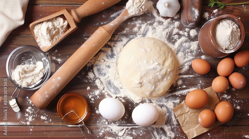 Fototapeta premium Ingredients for making donuts on a wooden background, top view. Baking concept. National Donut Day