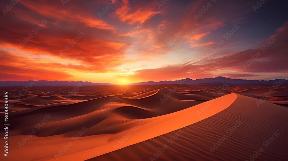 Sunset over the sand dunes in the Sahara desert, Morocco