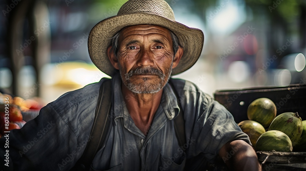 A close-up portrait of an elderly Hispanic man wearing a straw hat, with a thoughtful expression, selling fruits at an outdoor market.