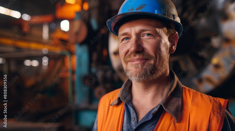 Portrait of a smiling male industrial worker wearing a safety helmet and reflective vest, standing in a factory setting with machinery in the background, exuding experience and confidence Portrait of a smiling male industrial worker wearing a safety helmet and reflective vest, standing in a factory setting with machinery in the background, exuding experience and confidence