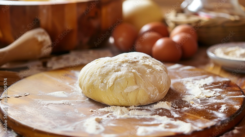 Bread dough on a wooden board with flour, eggs and rolling pin