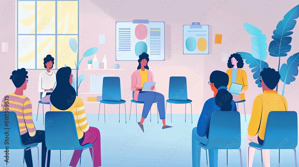 Group of diverse people attending a workshop in a bright office setting. Flat lay digital illustration with copy space.