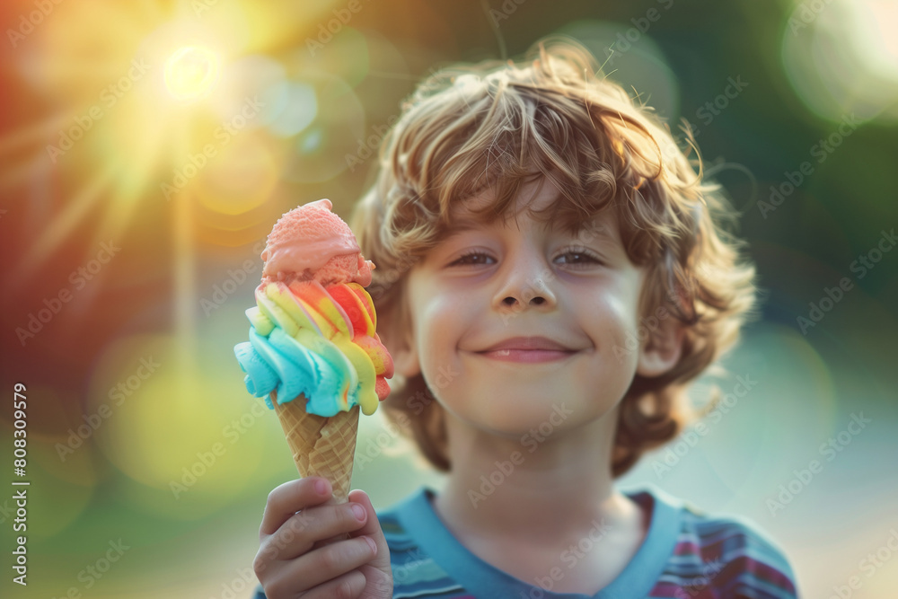 Cute boy child holding colorful cone ice cream, Summer deserts. High quality photo