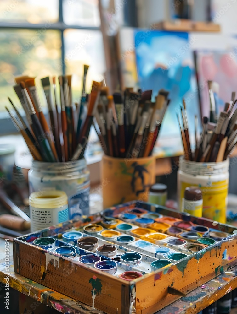 Fototapeta premium Many paint brushes and paints in a wooden box