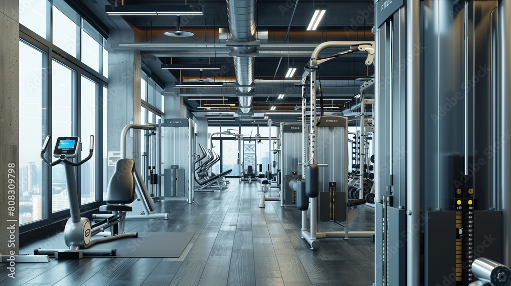 High-tech gym with modern equipment and digital fitness trackers, spacious left side for text. High-tech gym with modern equipment and digital fitness trackers, spacious left side for text.