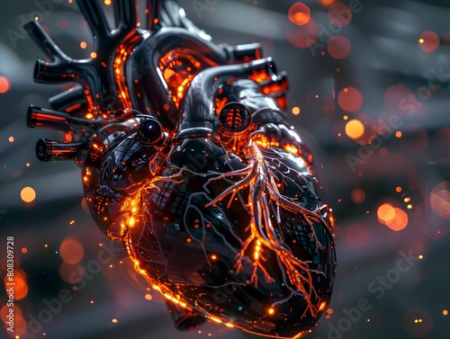 Close up of a heart with glowing elements