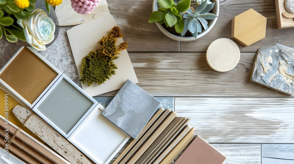 A variety of paint samples on a table beside a potted plant