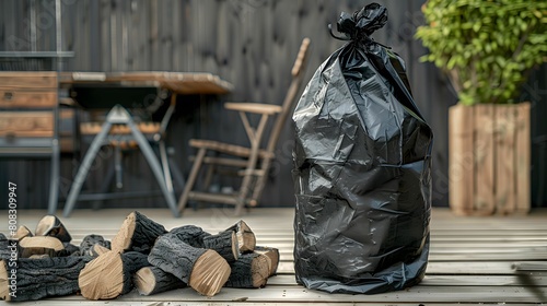 A black bag of wood beside a stack of timber photo