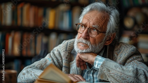 An elderly man looks at notes. He has dementia, memory issues, and is in poor health
