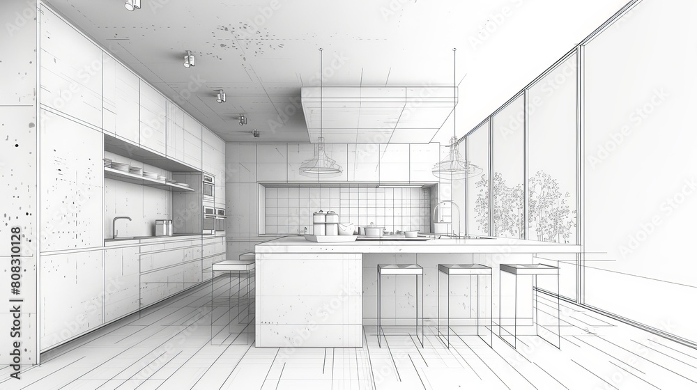 An abstract sketch design of an interior kitchen is rendered in 3D, offering a unique perspective on the space.