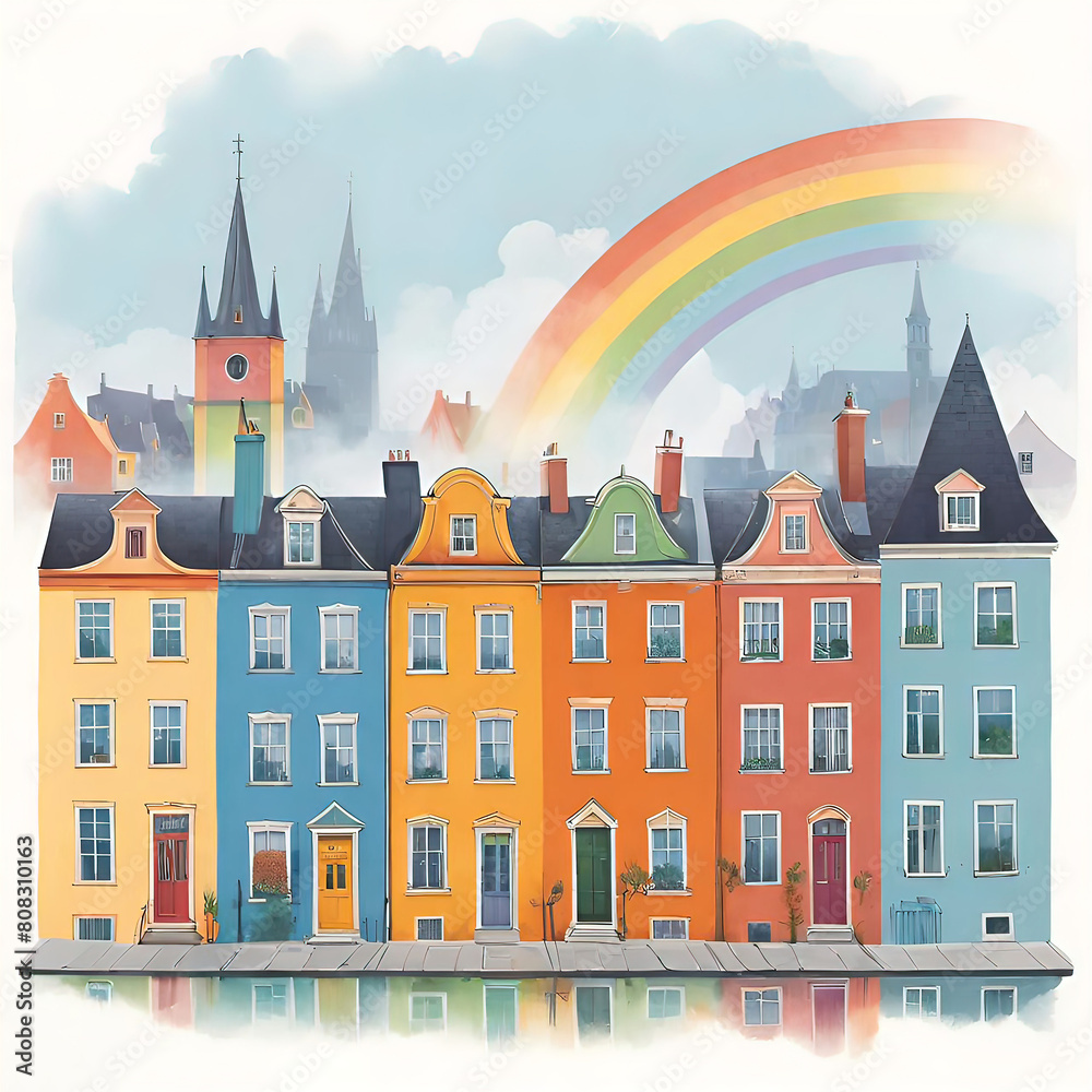 vector illustration, minimalistic flat color retro print depicting a rainbow row of houses in an old European town, old architecture landmarks, world travel,