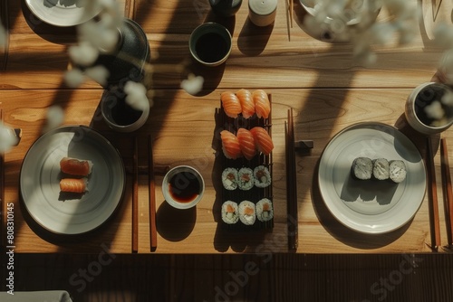 An overhead shot of a sushi feast with soy sauce and cups, highlighted by warm sunlight streaming through
