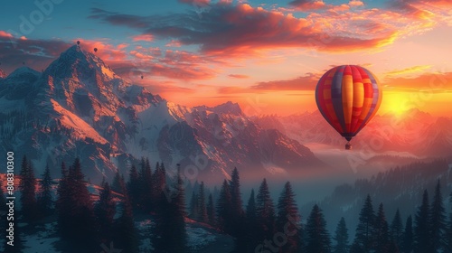Hot Air Balloon Flying Over Mountain