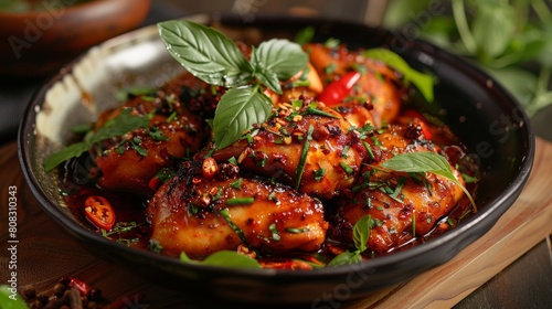 A dish of Bruneian cuisine.
Ayam penye — spicy chicken with pepper and herbs. photo