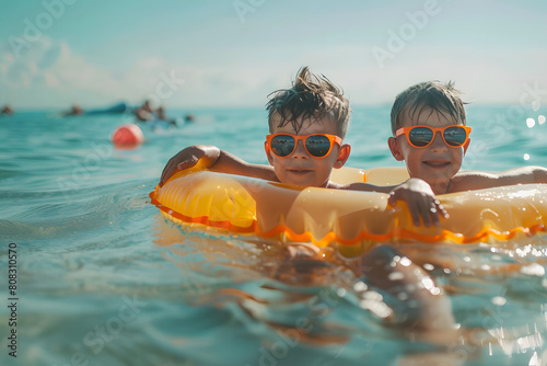 Children playing with an inflatable rubber ring in the sea on summer holiday