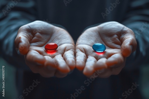 Symbolism of choice: hands with red and blue pills photo