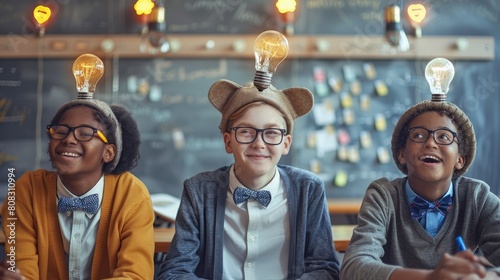 Three young nerds sit in a classroom setting with a thinking cap on their heads. They are smiling as their light bulbs are lit as the new ideas are flowing. They're wearing cardigans and bow ties. Lea photo