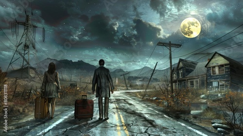 Haunted journey: travelers with luggage walk along path to house under moon's eerie glow at night.