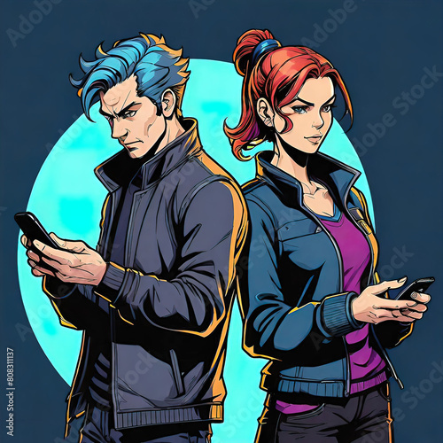 A man and a woman use mobile phones  use the Internet  communicate. Characters with smartphones in their hands. Flat graphic  vector illustration