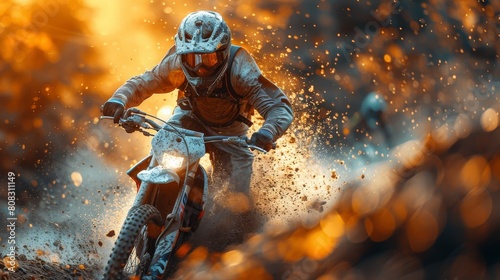 The racer participates in motocross race, takes off and jumps on springboard, against the background of the participants. Close-up. Extreme rest concept. photo
