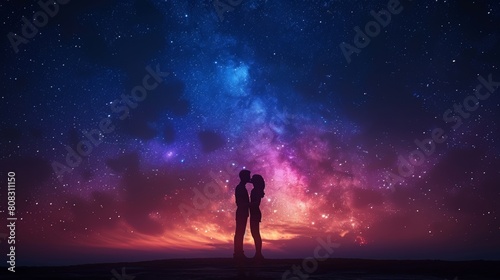 An elderly man and a little girl in front of a city's skyline on Valentine's Day with a starry sky and the horizon as background. Concept of a first kiss, love, and a lifetime of togetherness.