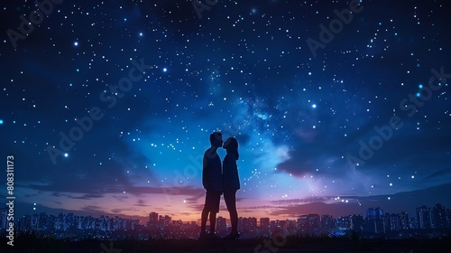 Valentine's Day concept dates, first kiss, forever together, man and girl against background of night city, starry sky.