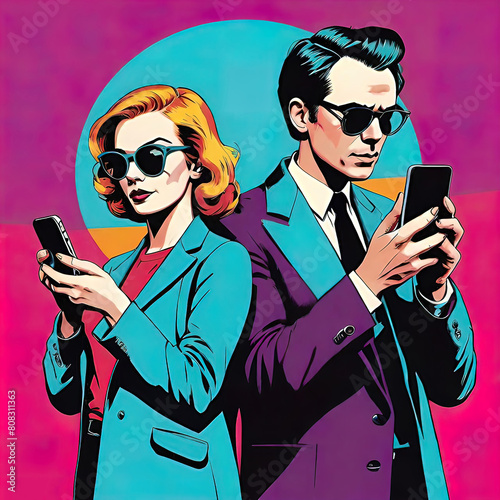 A man and a woman use mobile phones, use the Internet, communicate. Characters with smartphones in their hands. Flat graphic, vector illustration