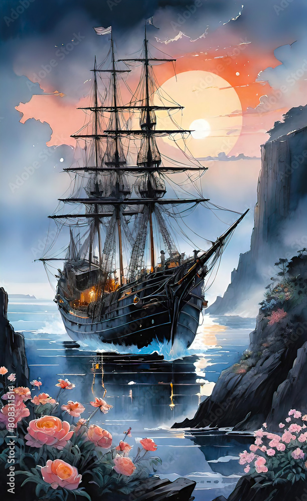 Watercolor illustration, romantic beautiful seaside landscape with sailing ship and moon for interior decoration, during sunset, background for smartphone, illustration for print,