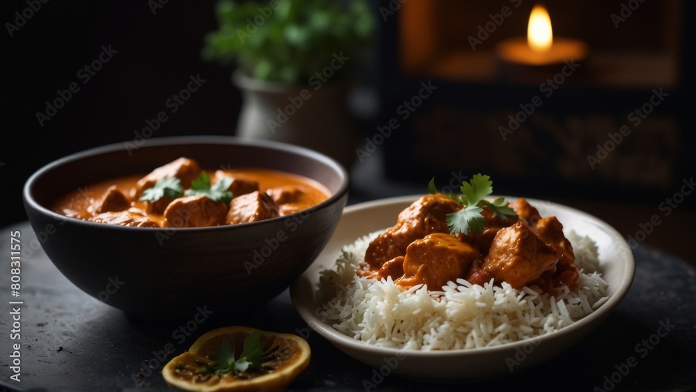Indian dish chicken tikka masala with fragrant basmati rice Indian dish chicken tikka masala with fragrant basmati rice
