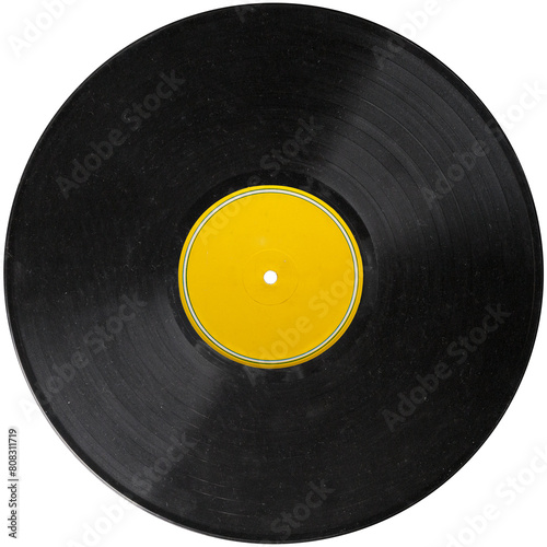 vinyl record yellow label, realistic photography isolated png on transparent background for graphic design