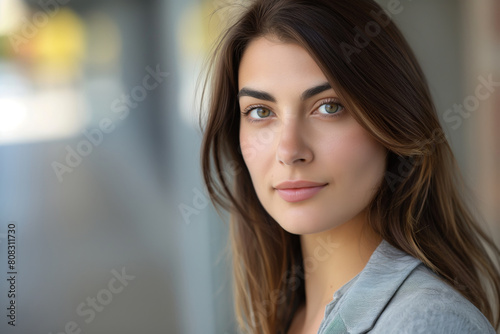 Close-up portrait of a young woman with captivating green eyes and flawless skin  exuding natural beauty and serene confidence against a softly blurred background