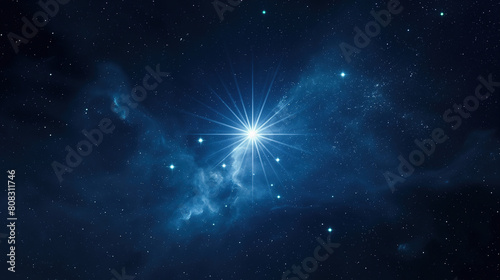  bright Sirius star shines in the dark blue sky, surrounded by stars and nebulae. The light from that shining white star illuminates part of space, creating an atmosphere full of mystery and wonder