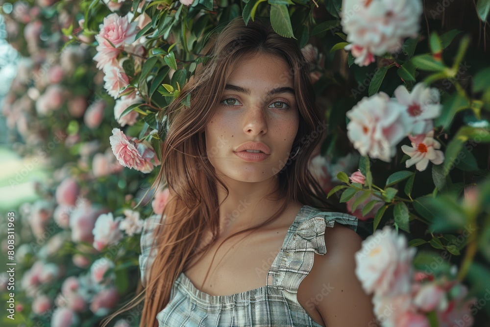 A woman with freckles stands in front of a wall of blooming roses and looks at the camera. A woman with freckles stands in front of a wall of blooming roses and looks at the camera.