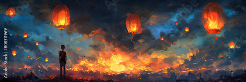 background of a young man contemplating flying lanterns at sunset photo