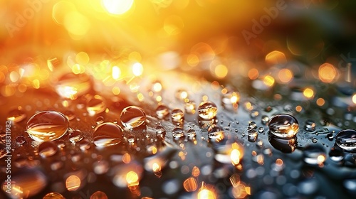  A cluster of droplets glistening on a damp surface, bathed in sunlight from behind