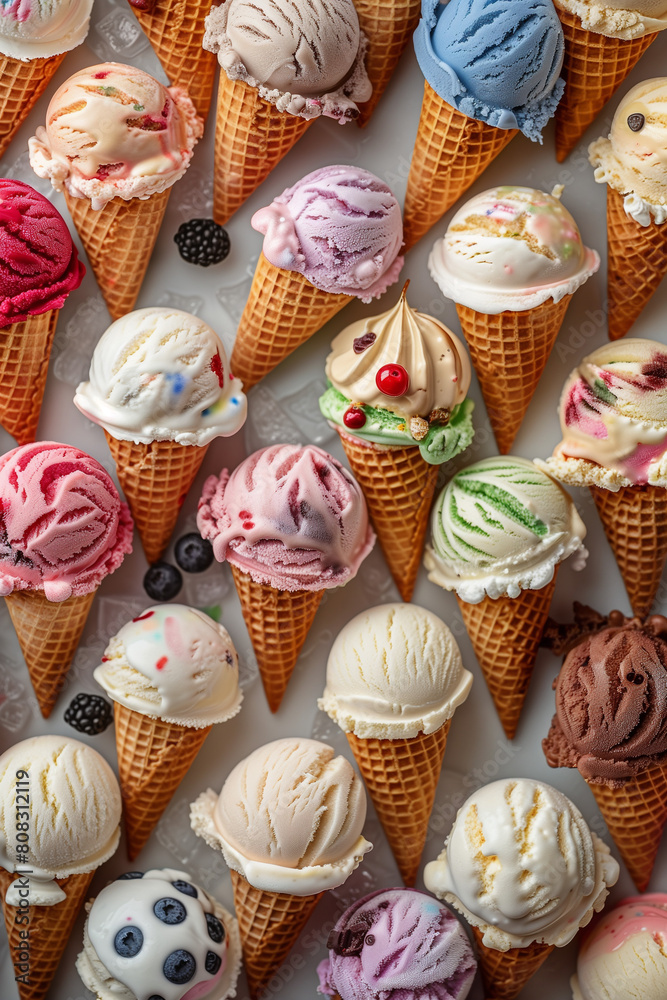 Variety of ice cream cones with differenc flavours and colors. High quality photo