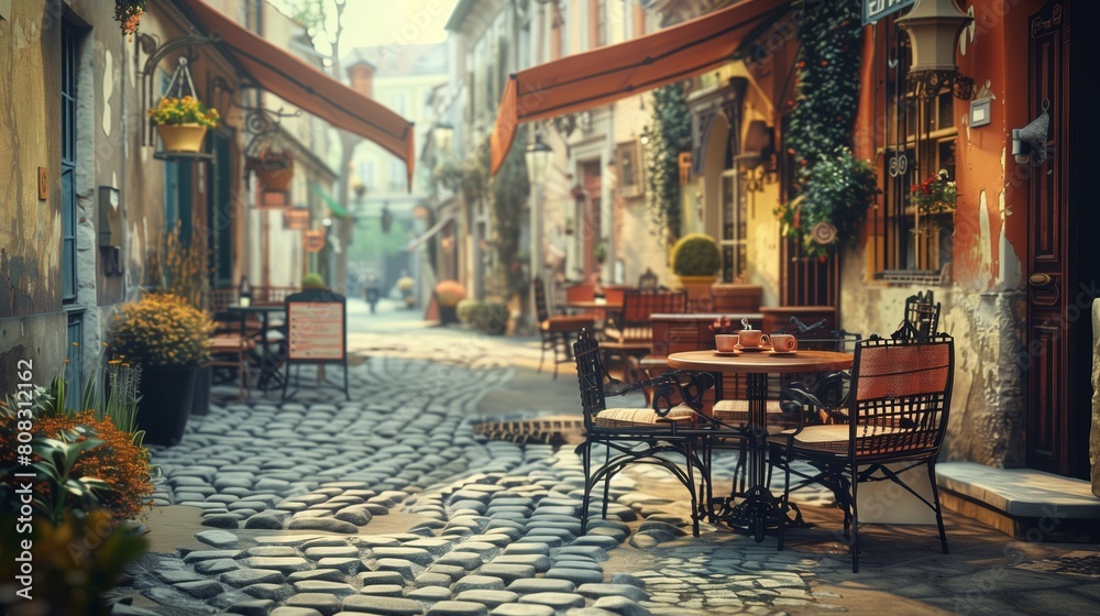 Vintage European cafe scene, enjoying a peaceful morning coffee, quaint streetscape, YouTube thumbnail with copy space for text on left