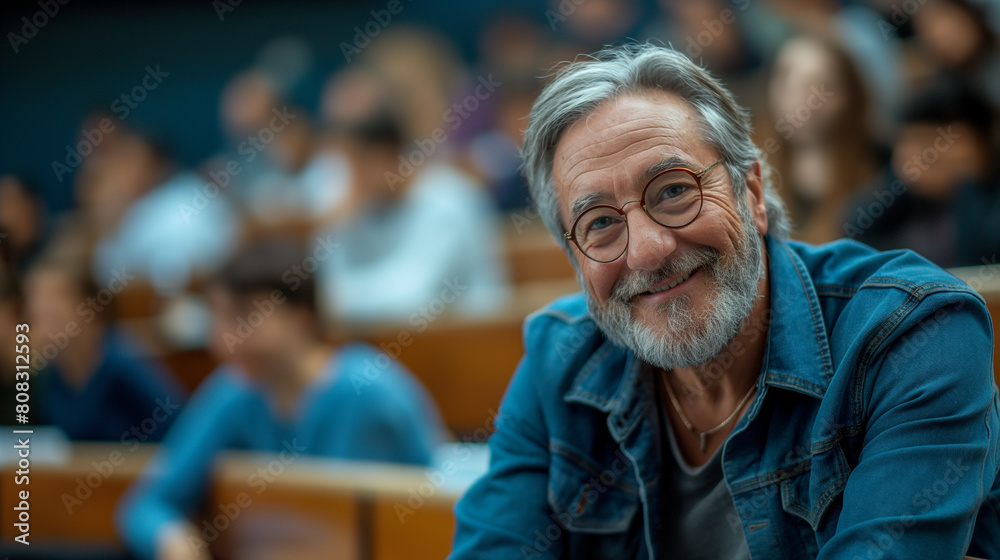 Happy mature student in lecture hall looking at camera. Happy mature student in lecture hall looking at camera.