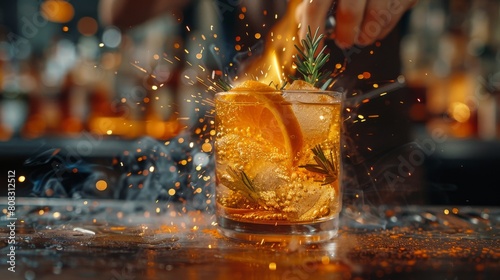 As the barman prepares the cocktail, he uses a burner with sparks and puts oranges and herbs in the transparent glass on the bar with alcohol. He has a dark background at the back.