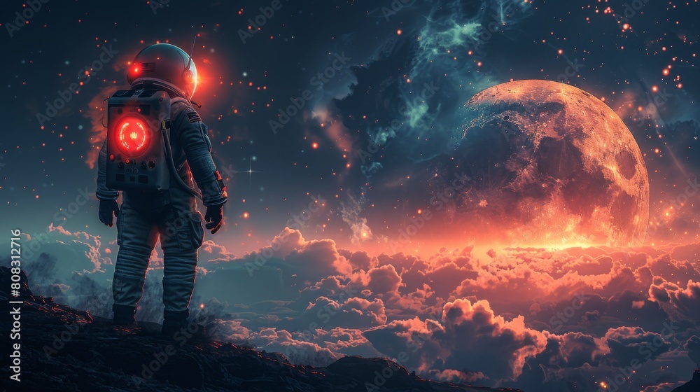Fototapeta premium Man Standing on Top of a Mountain Under a Red Moon