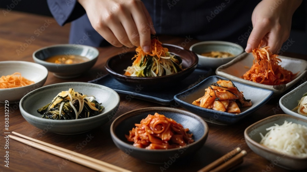 A chef brings out a bowl of fresh kimchi to serve.