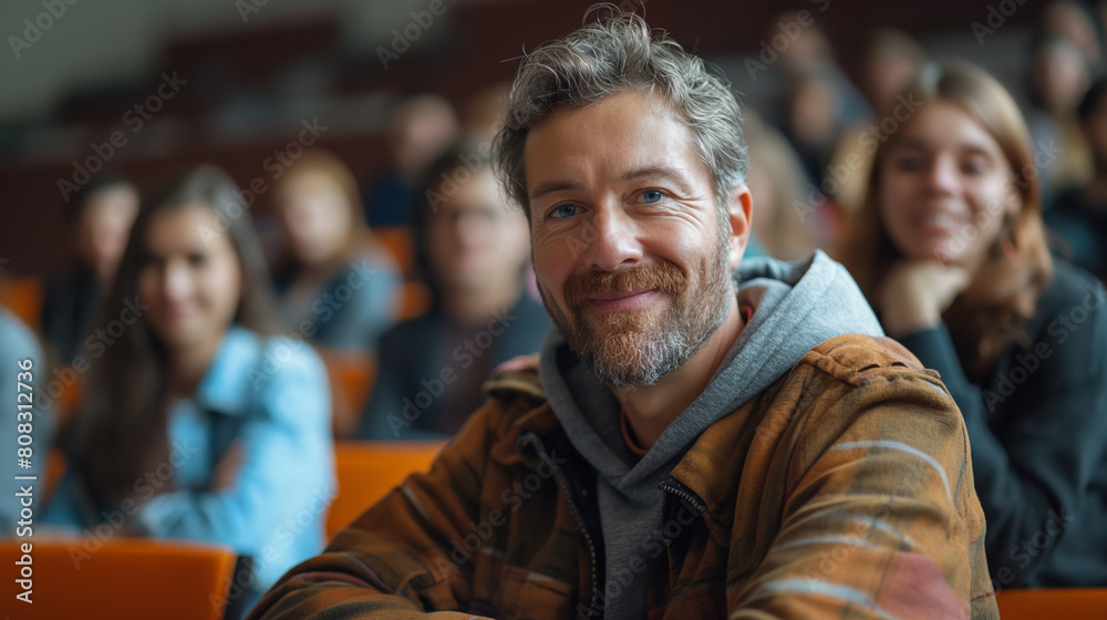Happy mature student in lecture hall looking at camera. Happy mature student in lecture hall looking at camera.