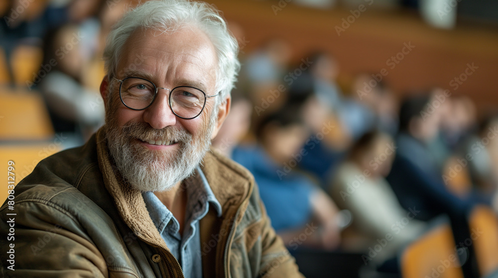 Happy mature student in lecture hall looking at camera. Happy mature student in lecture hall looking at camera.