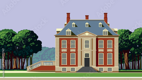 A traditional 18th century English mansion house with a park and trees in the background. Handmade drawing vector illustration.