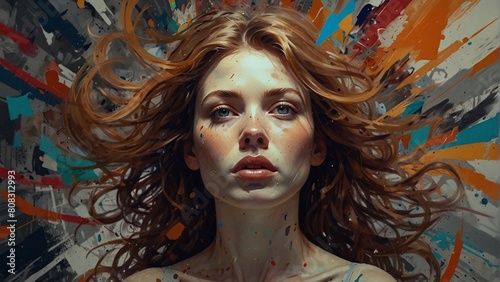 A vividly chaotic image portraying the turbulent and disordered inner workings of a restless women mind. Bold, dynamic lines intersect fragmented shapes, creating distorted perspectives in a black and