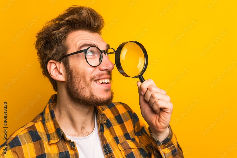 A male nerd holds a magnifying glass and looks through it in wonder at the yellow background